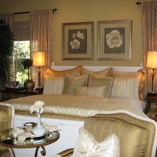 Model home example of subtle, soft fabrics and colors for the bedroom